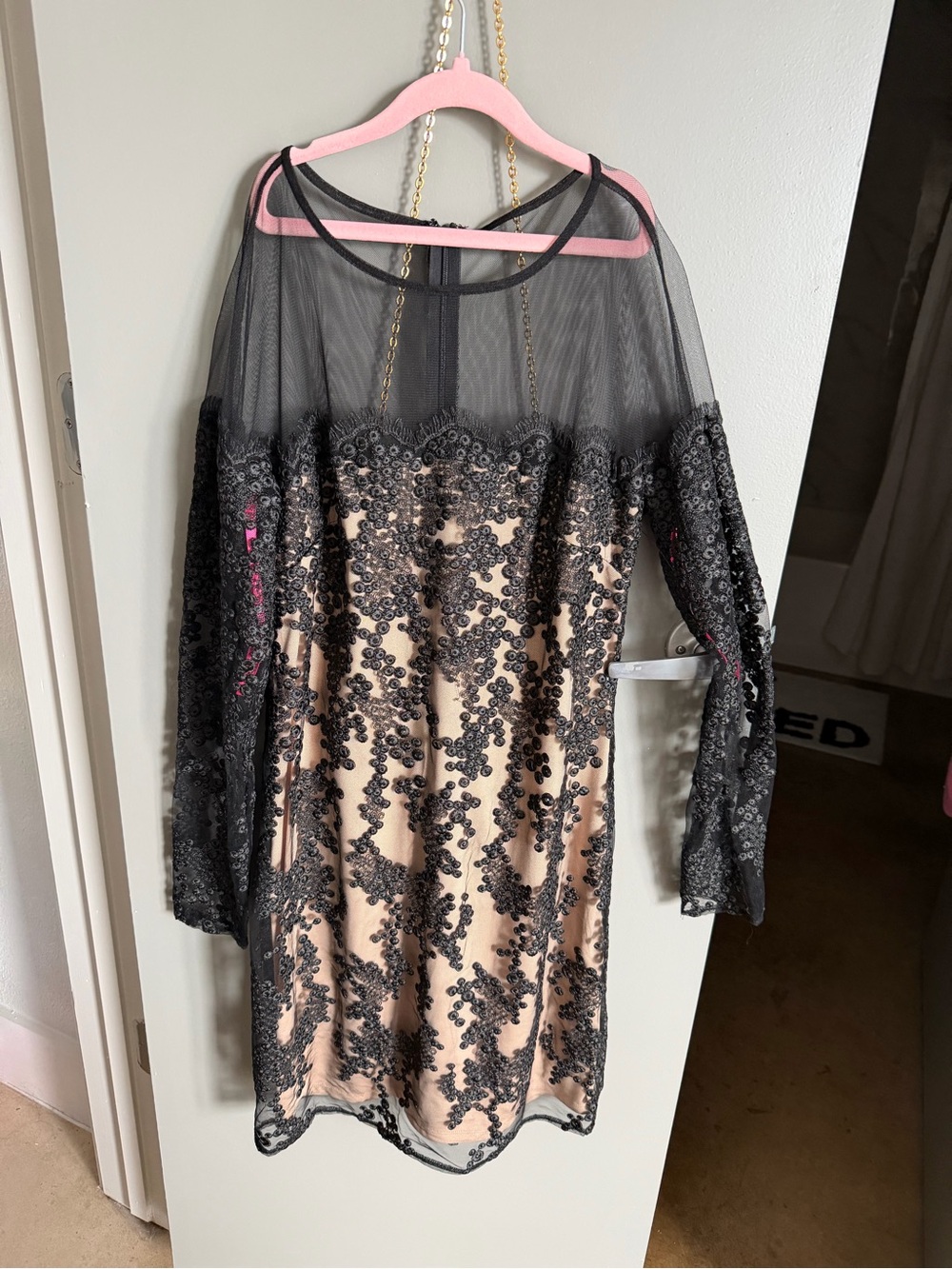 Betsey Johnson Black Sequin Lace Overlay Long Sleeve Dress with Nude Slip